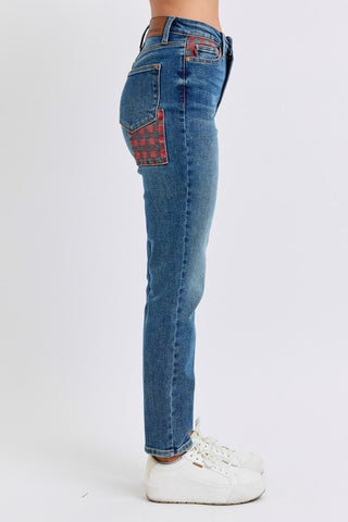 High Waist Plaid Patch Slim Jeans