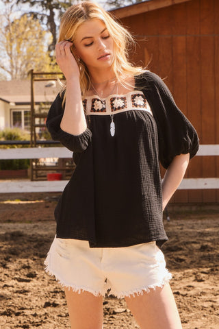 Crochet Lace Trim Babydoll Blouse