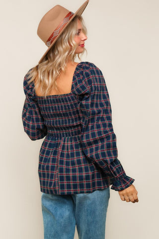 Smocked Babydoll Plaid Top