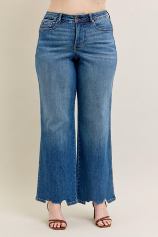High Waist Tummy Control Chew Hem Destroy Wide Jeans