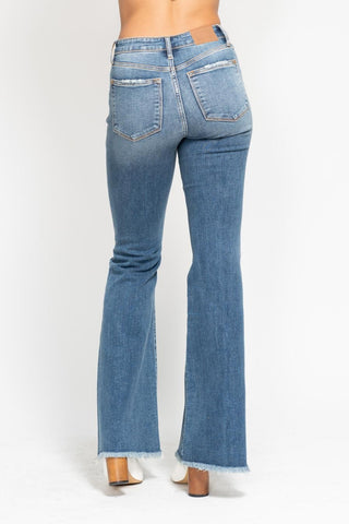 Judy Blue Midrise Button Fly Flare with Destroy Fray Hem Jeans