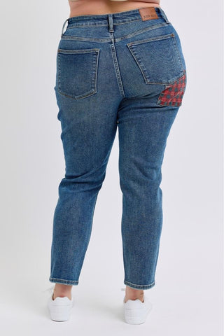 High Waist Plaid Patch Slim Jeans