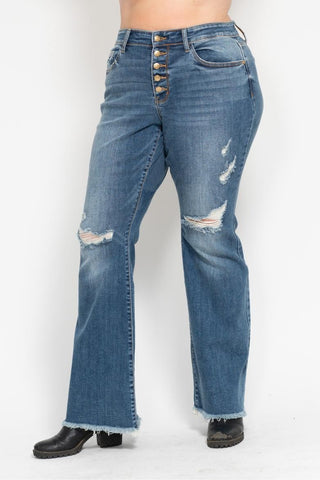 Judy Blue Midrise Button Fly Flare with Destroy Fray Hem Jeans